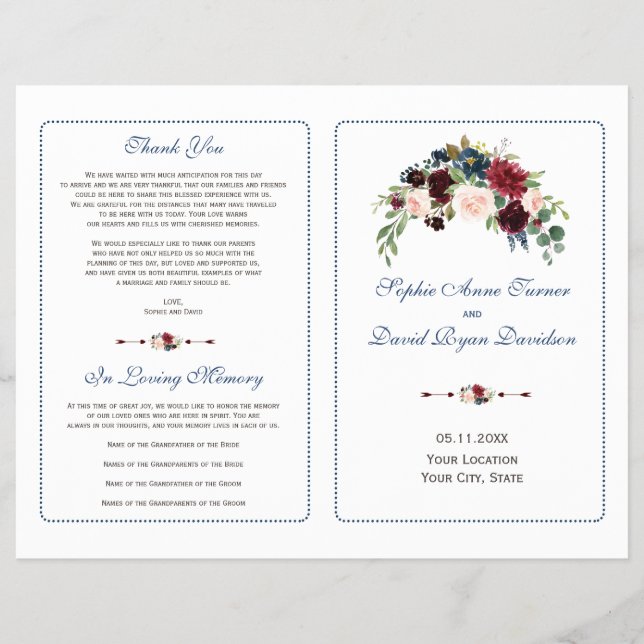 Bröllopsprogrammet Burgundy Red Marsala Blommigt Reklamblad (Framsidan)