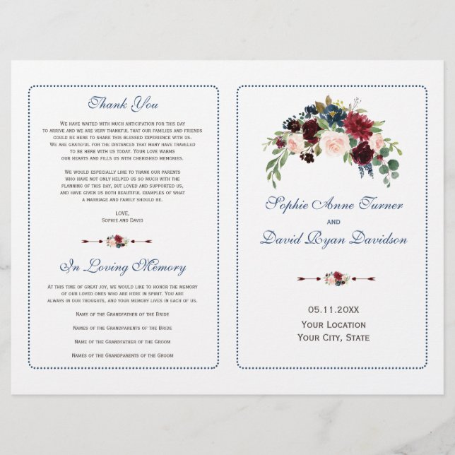 Bröllopsprogrammet Burgundy Red Marsala Blommigt Reklamblad (Framsidan)