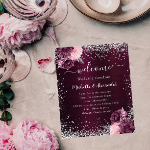 Bröllopsprogrammet Burgundy silver rosa blommor Flygblad