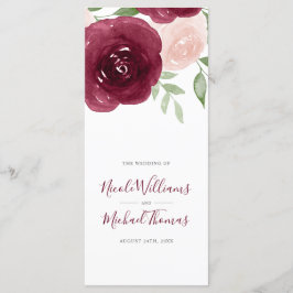 Bröllopsprogrammet Burgundy Watercolor Blommigt Program