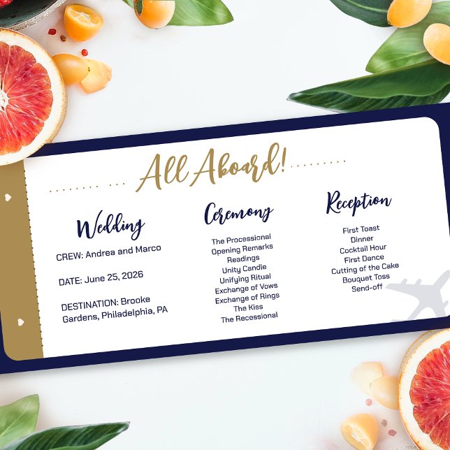 Bröllopsprogrammet Calligraphy Blue Boarding Pass (Boarding Pass Wedding Ceremony Program)
