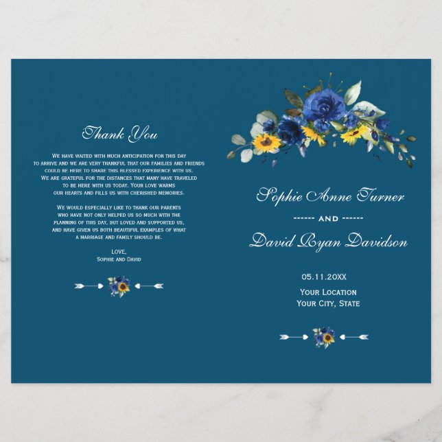 Bröllopsprogrammet Charm Solblommor Blue Blommigt Reklamblad (Framsidan)