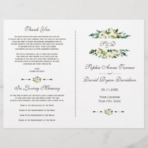 Bröllopsprogrammet Charming White Blooming Blommig Reklamblad