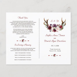 Bröllopsprogrammet chic Burgundy  Blommigt Antlers Flygblad