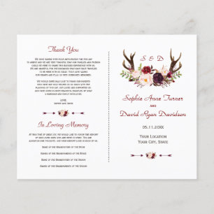 Bröllopsprogrammet chic Burgundy Blommigt Antlers Flygblad