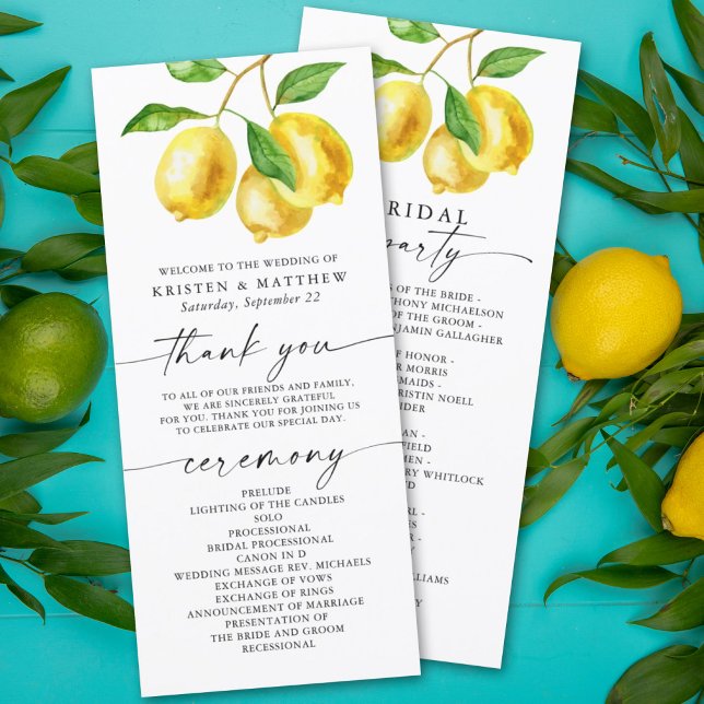 Bröllopsprogrammet Citrus Watercolor (A refreshing and fun way to guide your guests through your special day with a touch of citrus lemon.)