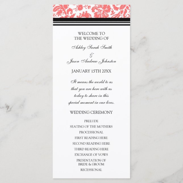 Bröllopsprogrammet Coral Black Damask Program (Framsida)