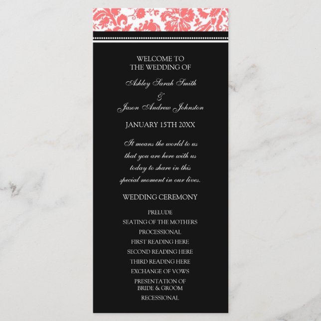 Bröllopsprogrammet Coral Black Damask Program (Framsida)