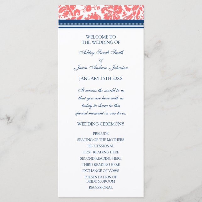 Bröllopsprogrammet Coral Blue Damask Program (Framsida)