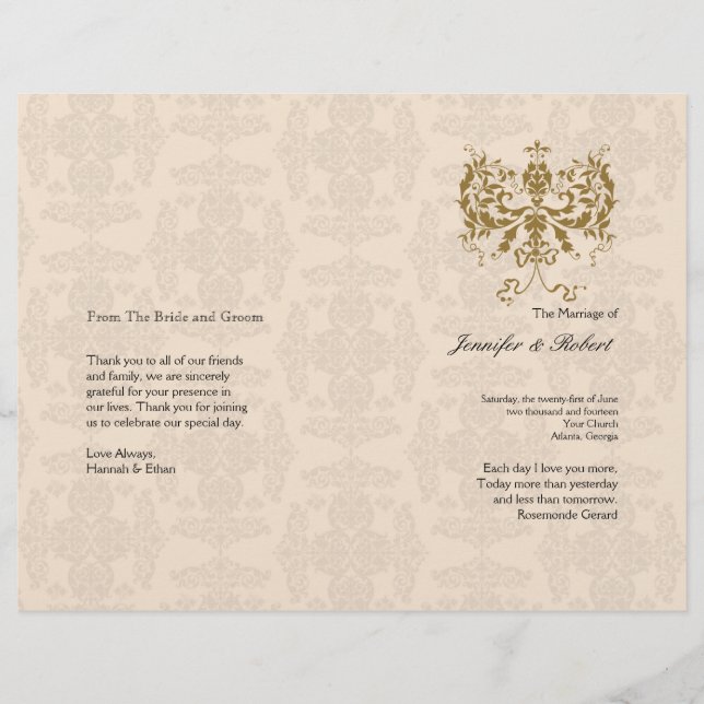 Bröllopsprogrammet Cream och Guld Damask (Framsida)