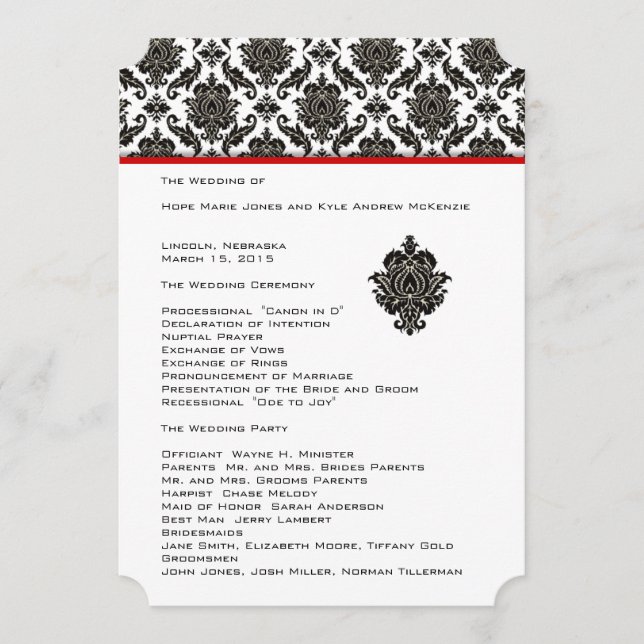 Bröllopsprogrammet Die cut Black Damask Red Trim Program (Framsida)