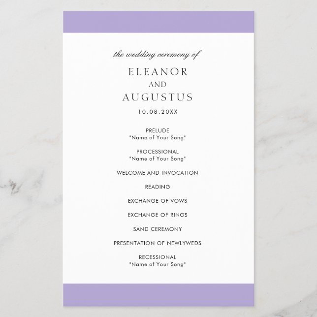 Bröllopsprogrammet Digital Lavender Lila Budget Flygblad (Framsidan)