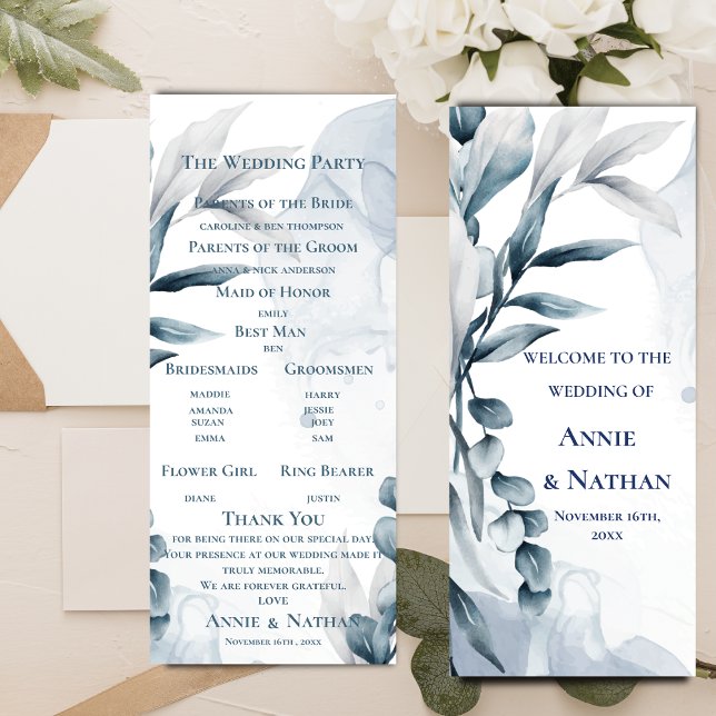 Bröllopsprogrammet Dusty Blue Eucalyptus Lövs Inbjudningar (Dusty Blue Eucalyptus Leaves Wedding Program)