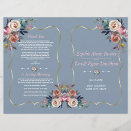 Bröllopsprogrammet Dusty Blue Rosa Flowers Guld