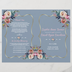 Bröllopsprogrammet Dusty Blue Rosa Flowers Guld