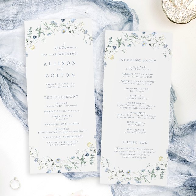 Bröllopsprogrammet Dusty Blue Wildblomma Rustic Bo Program (Dusty Blue Wildflower Rustic Boho Wedding Program)