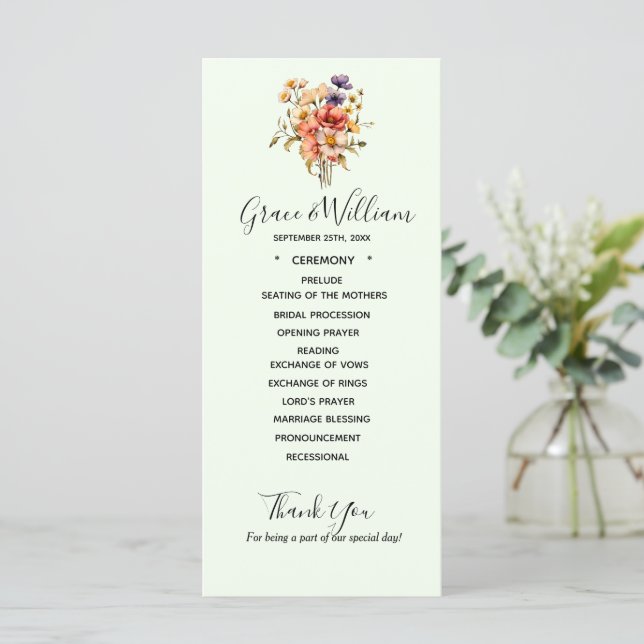 Bröllopsprogrammet Eclectic Wildblommor Kort (Stående Fram)