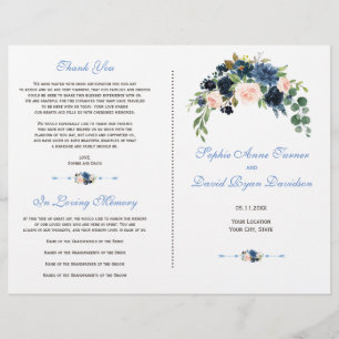 Bröllopsprogrammet elegant Blå blommor Reklamblad