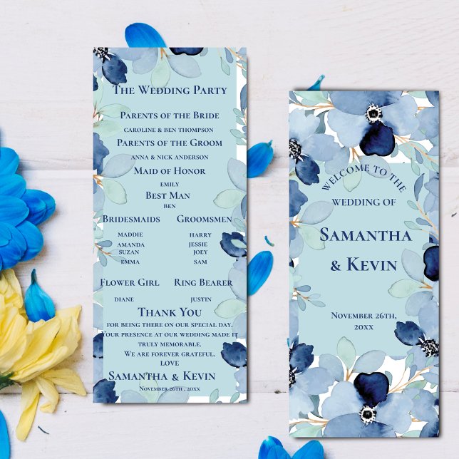 bröllopsprogrammet elegant för vattenfärgsblått Bl Inbjudningar (Elegant Watercolor Blue Floral wedding Program)