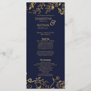 Bröllopsprogrammet elegant Navy Blue och Guld Blom Program