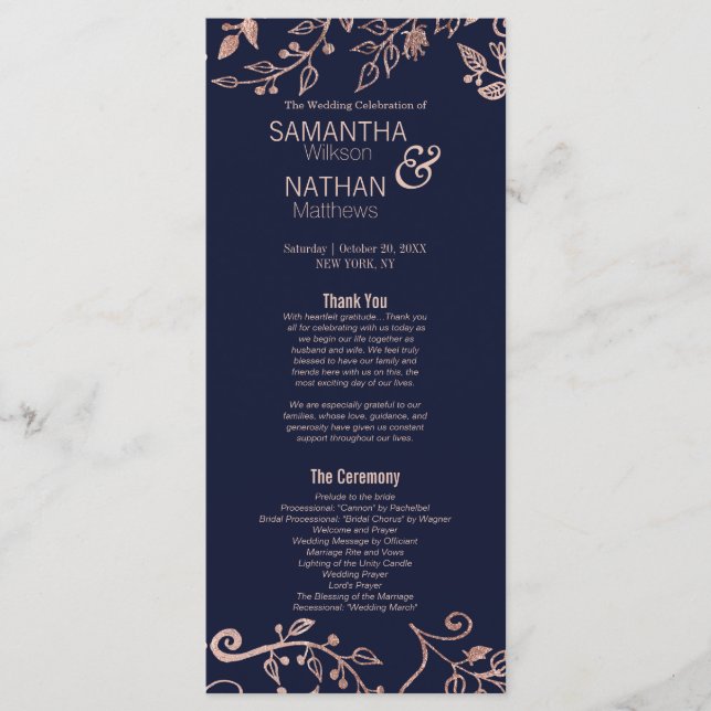 Bröllopsprogrammet elegant Navy Blue Ro Guld Blomm Program (Framsida)