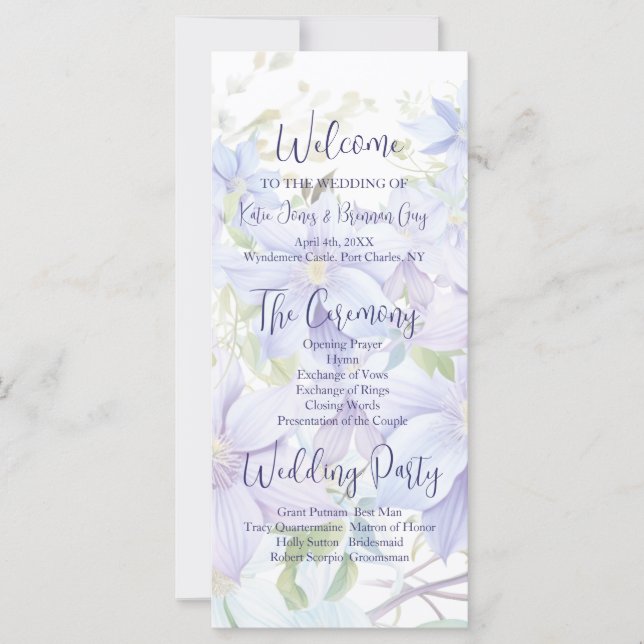 Bröllopsprogrammet elegant Periwinkle Clematis (Framsida)