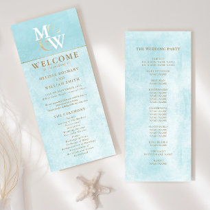 Bröllopsprogrammet elegant Sea Glass Teal Monogram