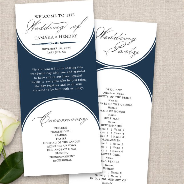 Bröllopsprogrammet elegant Skript - marin blå båge (Modern navy blue wedding program from my Wedding Colors collection)