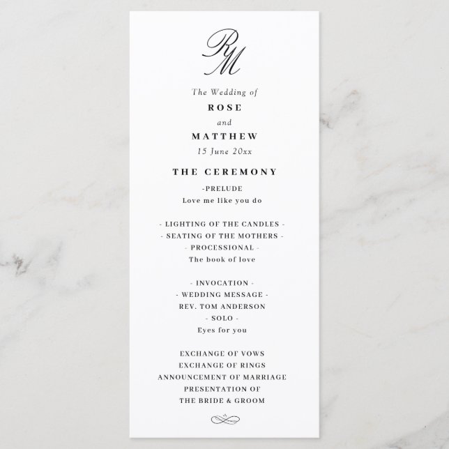 bröllopsprogrammet elegant svart och vitt program (Framsida)