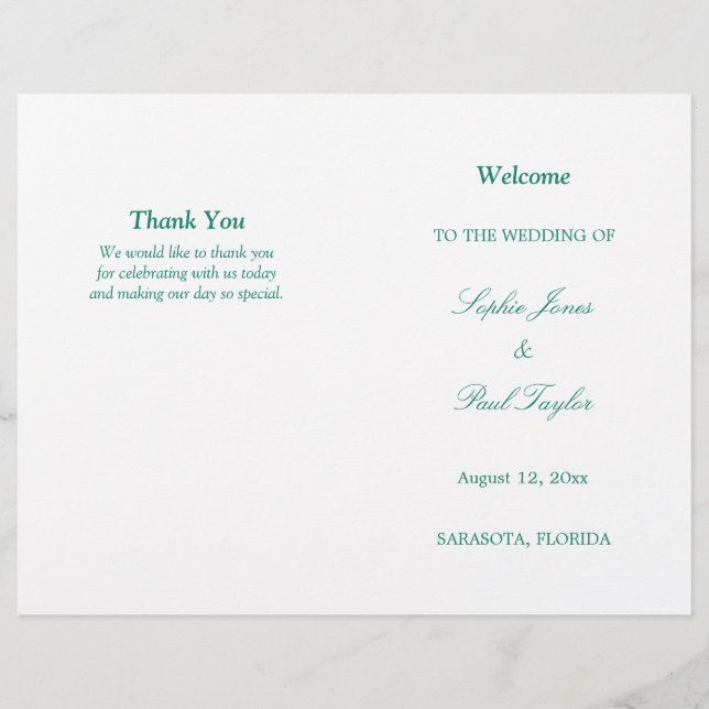 Bröllopsprogrammet Emerald Grönt Script Bi-Fold (Framsida)