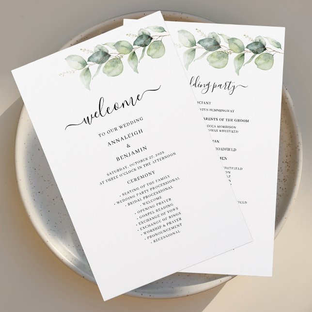 Bröllopsprogrammet Eucalyptus Botanical Greenery (Eucalyptus Greenery Script Wedding Welcome Program Stationery)