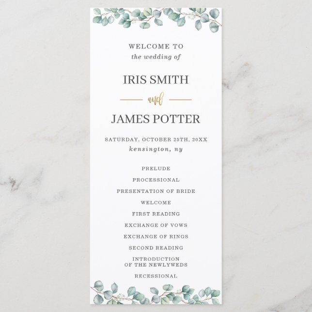 Bröllopsprogrammet Eucalyptus Greenery Löv Guld Program (Framsida)