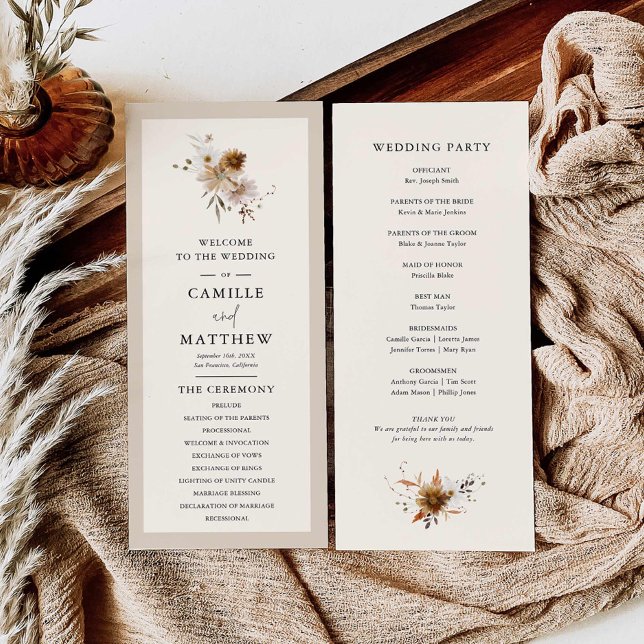 Bröllopsprogrammet Fall Blommigt Program (Elegant minimal wildflower wedding program)