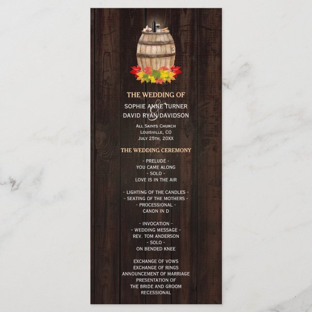 Bröllopsprogrammet Fall Foliage Vin Barrel Vineyar Program (Framsida)