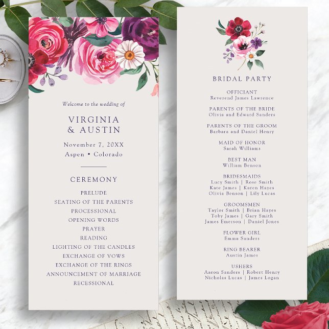 Bröllopsprogrammet Fet Blommigt Program (Bold Floral Watercolor Wedding Program by Painted Paperie
)