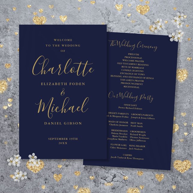 Bröllopsprogrammet Flagga och Guld (Navy Blue And Gold Script Wedding Program)