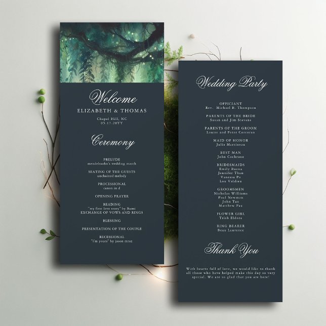 Bröllopsprogrammet Förändrat Magic Vines-skogsvakt (enchanted forest emerald magical wedding program elegant modern calligraphy formal classic ceremony)