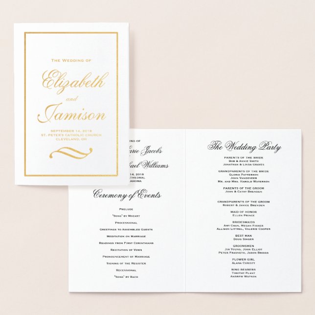 Bröllopsprogrammet Gold Foil med klassisk Elegant Folierat Kort (Display)