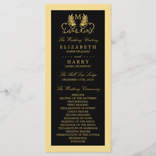 Bröllopsprogrammet Golden Blommigt Emblem Program (Framsida)