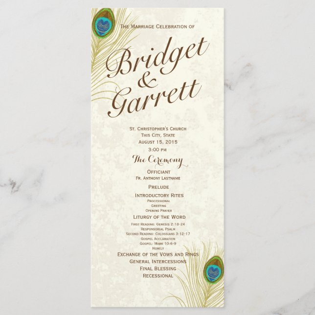 Bröllopsprogrammet Golden Peacock Feathers Program (Framsida)