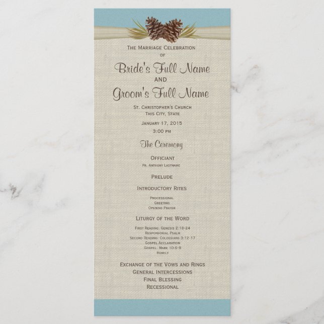 Bröllopsprogrammet Gräs Cones och Burlap Blue Program (Framsida)