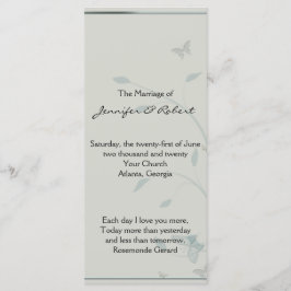 Bröllopsprogrammet grått och blå fjärilsmuggor program