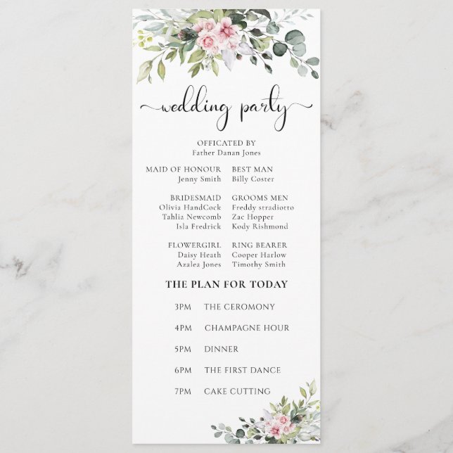 Bröllopsprogrammet Greenery Rosa ros Program (Baksida)