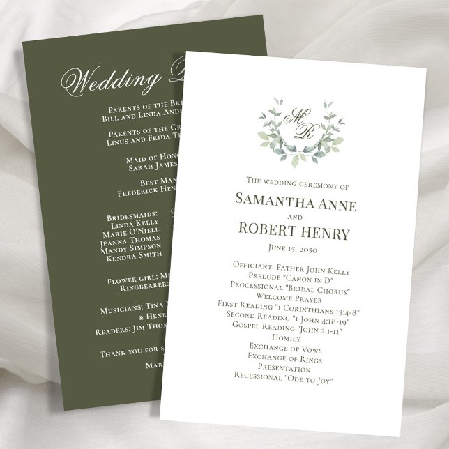 Bröllopsprogrammet grönt Anpassningsbar Monogram (Olive green elegant laurel leaf motif wedding program. )