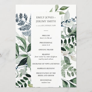 Bröllopsprogrammet grönt Navy Black Leafy Foliage Program
