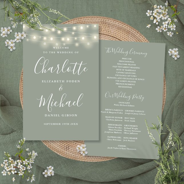 Bröllopsprogrammet Grönt String Ljus (Sage Green String Lights Wedding Program)