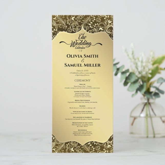 Bröllopsprogrammet Guld Black Royal Damask Program (Stående Fram)