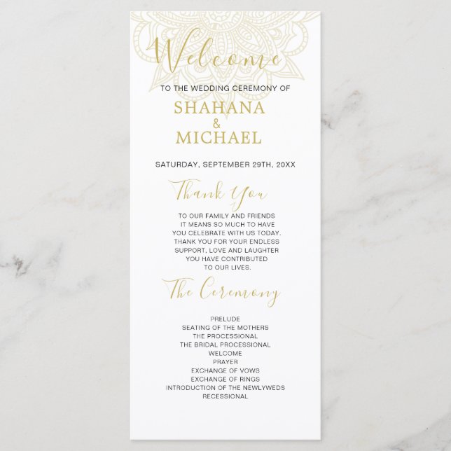 Bröllopsprogrammet Guld Färgaden i Indiska Stil Gr Program (Framsida)