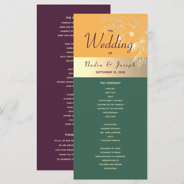 Bröllopsprogrammet Jewel Tones Program (Fram/baksida)