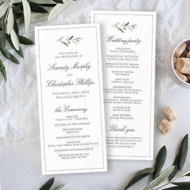 Bröllopsprogrammet Klassisk elegance Script Greene Meny (Classic Elegance Script Greenery Wedding Program)